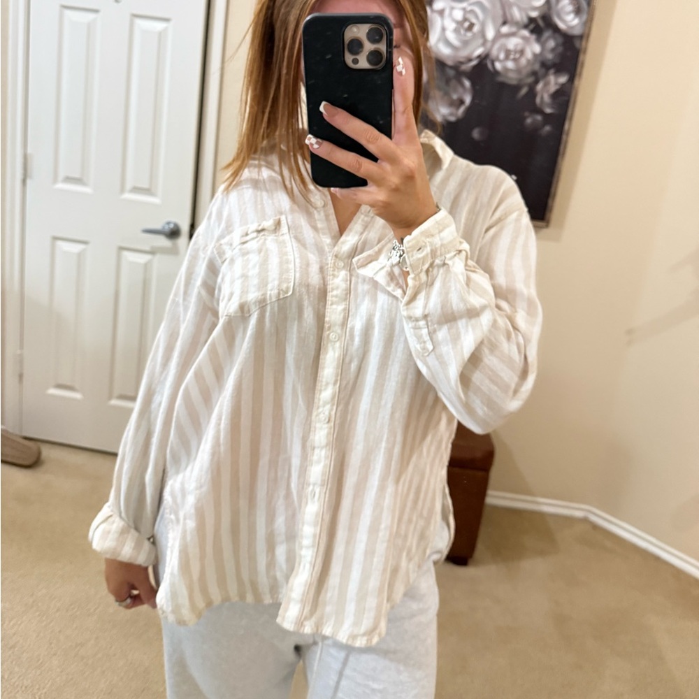 Old Navy Beige Striped Button-Down Shirt